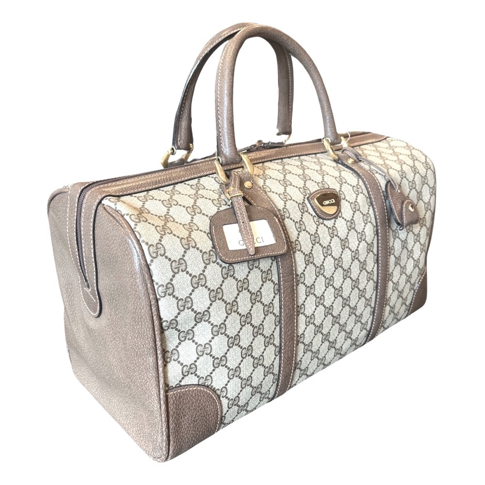 Vintage Gucci GG Supreme Boston Bag Travel Duffle Brown Monogram Leather Trim - Picture 11 of 15